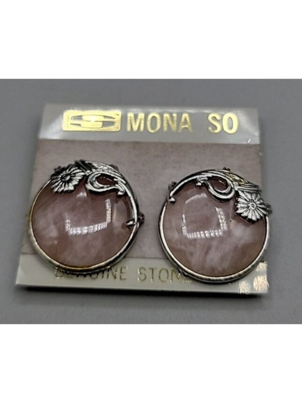 Vintage Mona Rose Quartz Cabochon Clip-on Earrings Silver Tone New Original Card